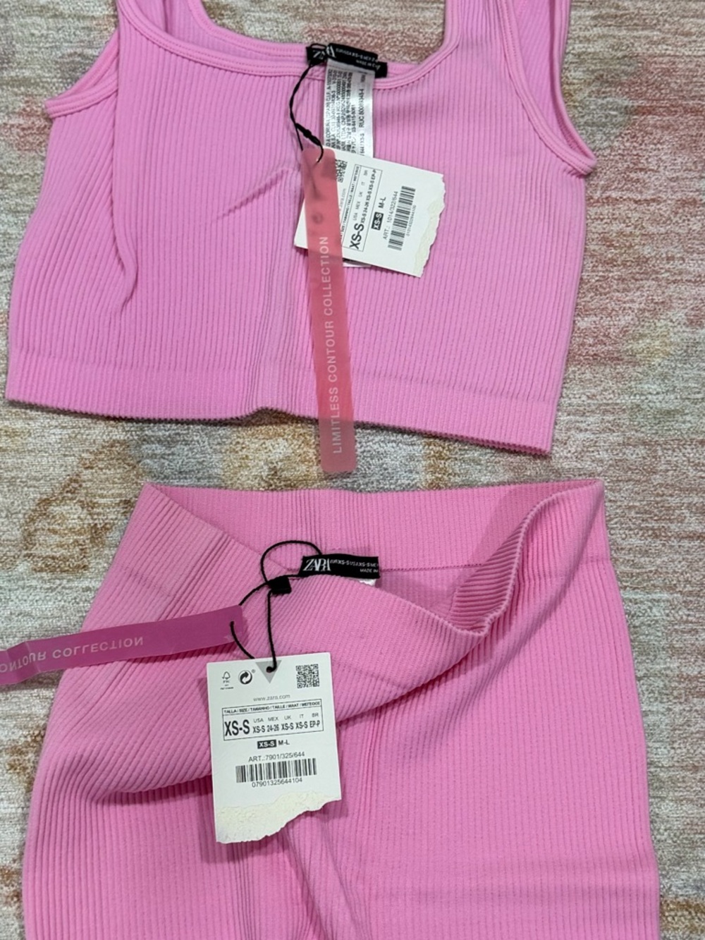 ZARA Pink Ribbed Tank Cropped Top and High-Waist Biker Shorts Set NWT